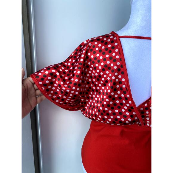 Vintage Red Brown Hollywood Studios Polka Dot Bell Sleeve V Neck Wrap Top - Picture 2 of 7